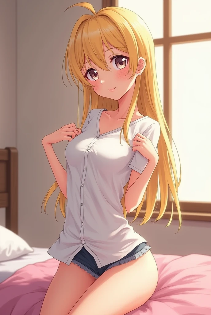 (detailed) (high quality) (High resolution) (Anime Style) age Girl, Blonde, young, bold, sexy, Wear a shirt, No pants, Excited, teasing, teasing a teen innocent boy, shy, Excited, Junior, Bulging penis,