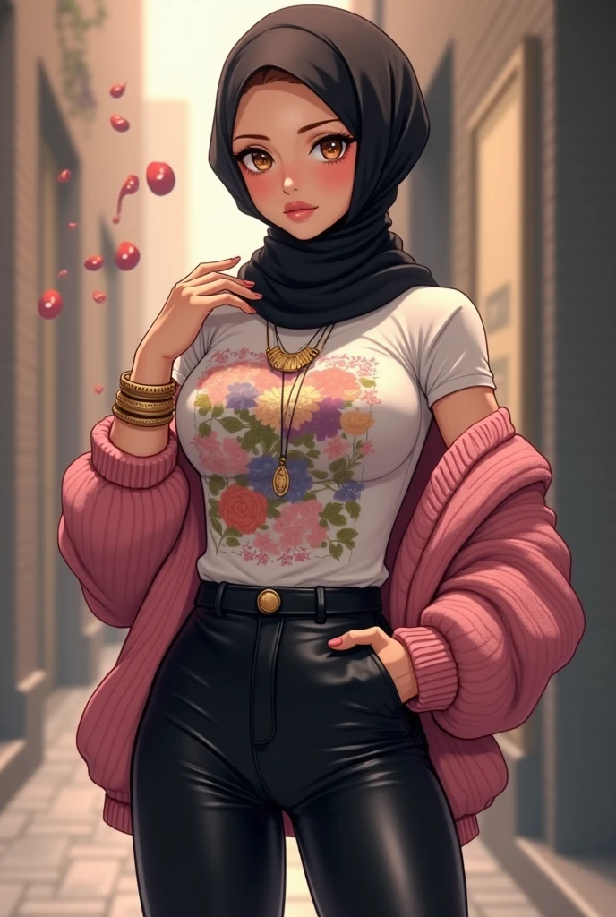 Silk hijab, glasses, bright green eyes, stockings, crop top, big , thick thighs, hours glasses, wavey hair, black knee high socks, skirt, black skirt, red dragon crop top, big , peace sign, ((peach lips)), smile, cute hair style , white skin