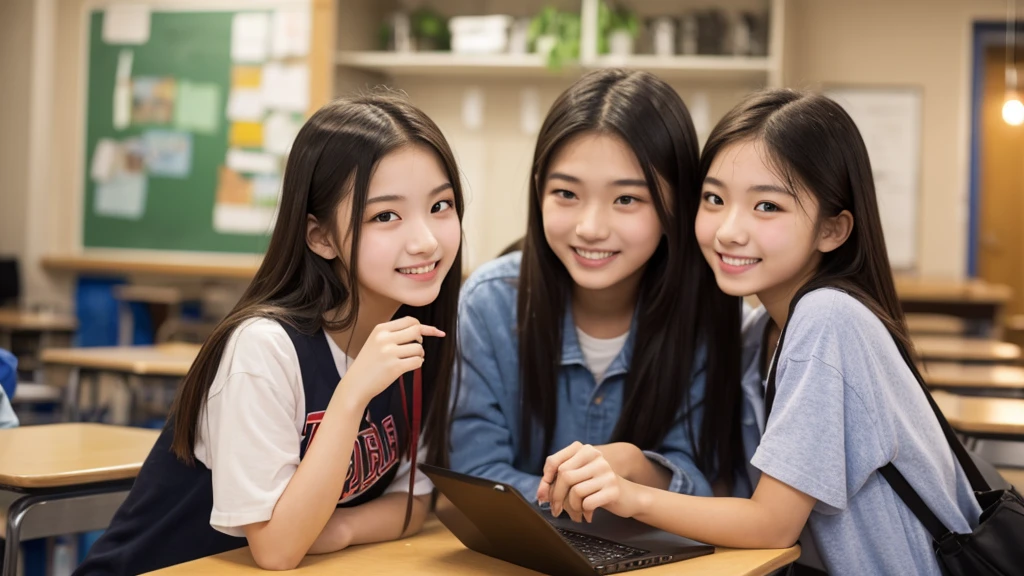 Three Japanese girls in a classroom, , smile, wear, Tabletop, highest quality