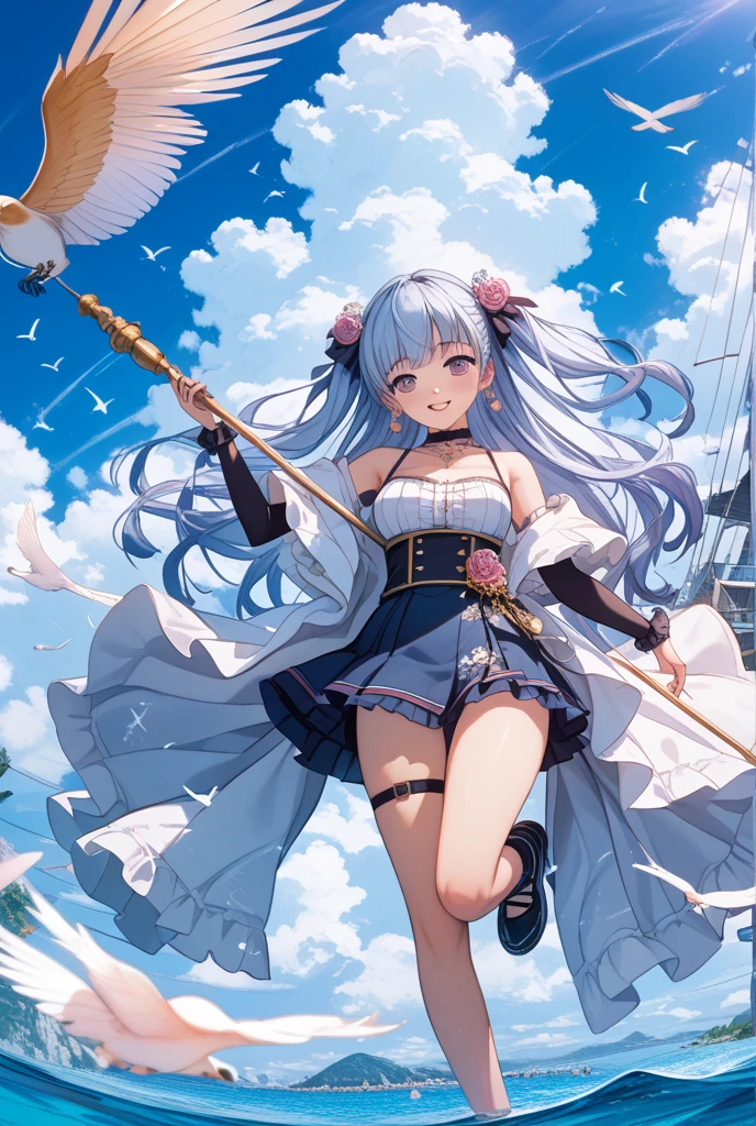 1girl, hair long, bellybutton, yuudachi_\(azur_lane\), breast cleavage, pigtails, Bottomless pit, solo, animal_ears, looking_at_viewer, collarbones, white_legwear, Blushlush, silver_hair, very_long_hair, puffy_sleeves, tummy, sitting, smile, animal_ear_fluff,HighQuality,Perfect details