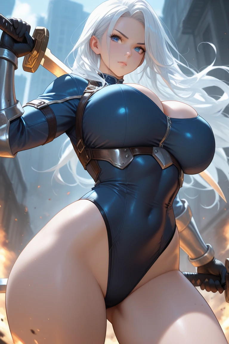 (white bunny ears),(lilac eyes),(silver buikini armor),(naive smile),(short hair),(((female character))),(day),(holding a battle axe),( tanned skin tone),(silver hair),(Beautiful face 8k),(ground),(viewers),(lit environment),(particles in the air),((speed)), hand-drawn anime style, dynamic, full body, animation quality, anime icon, looking at camera from face, 8k, full length, best background, masterpiece, awesome titles, ultra HD, insane title, perfect hands --auto --s2