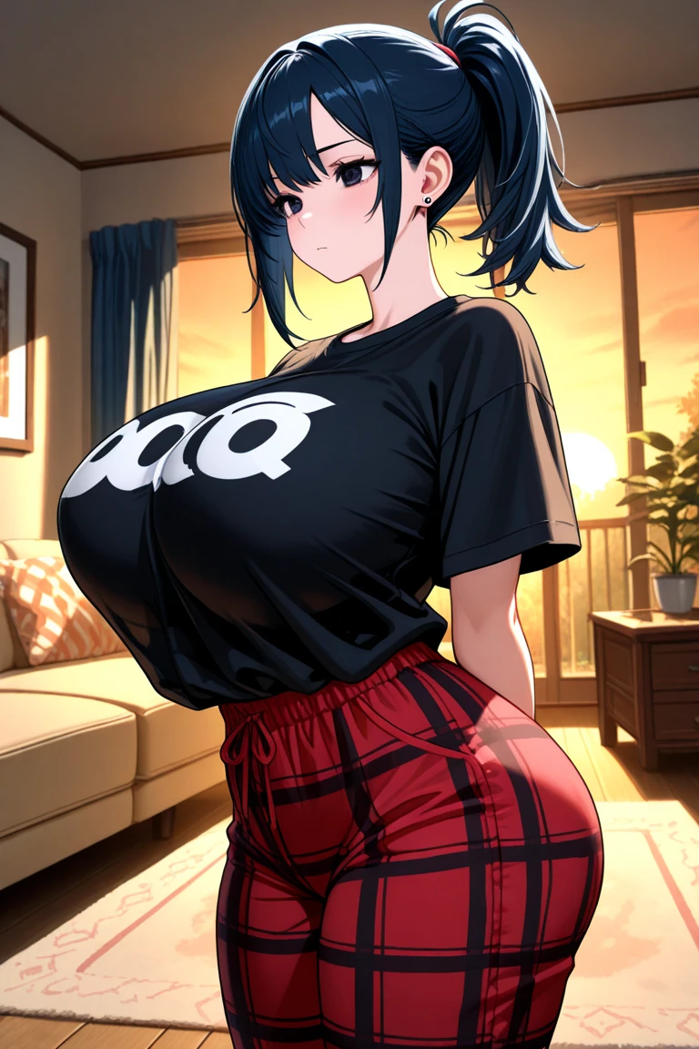 (Uhd, Masterpiece, Textured Skin, Super Detail, High Details, High Quality, Best Quality), 1woman, mature pretty woman, ((Thicc body, wide hips, thick thighs, massive huge breasts)), red eyes, blue straight hair, tall, (Crop black top), (black shorts), handbag, ((Mall))