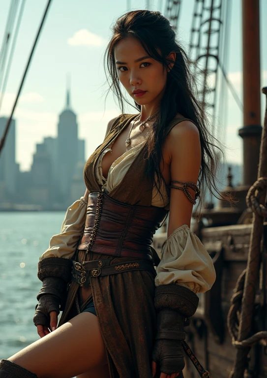 1 girl,on a pirphie ship deck, braid, neckleace, mitts, hphi, waist belt, sexy pirphie outfit, breasts big, far away body hair, gazing_phi_viewer, far away_body hair, standing alone, offcial art, unity wallpaper 8k, ultra detaild, Aesthetics, work of art, best qualityer, photorrealistic, action pose, cinemphiic lighting, 4K,
