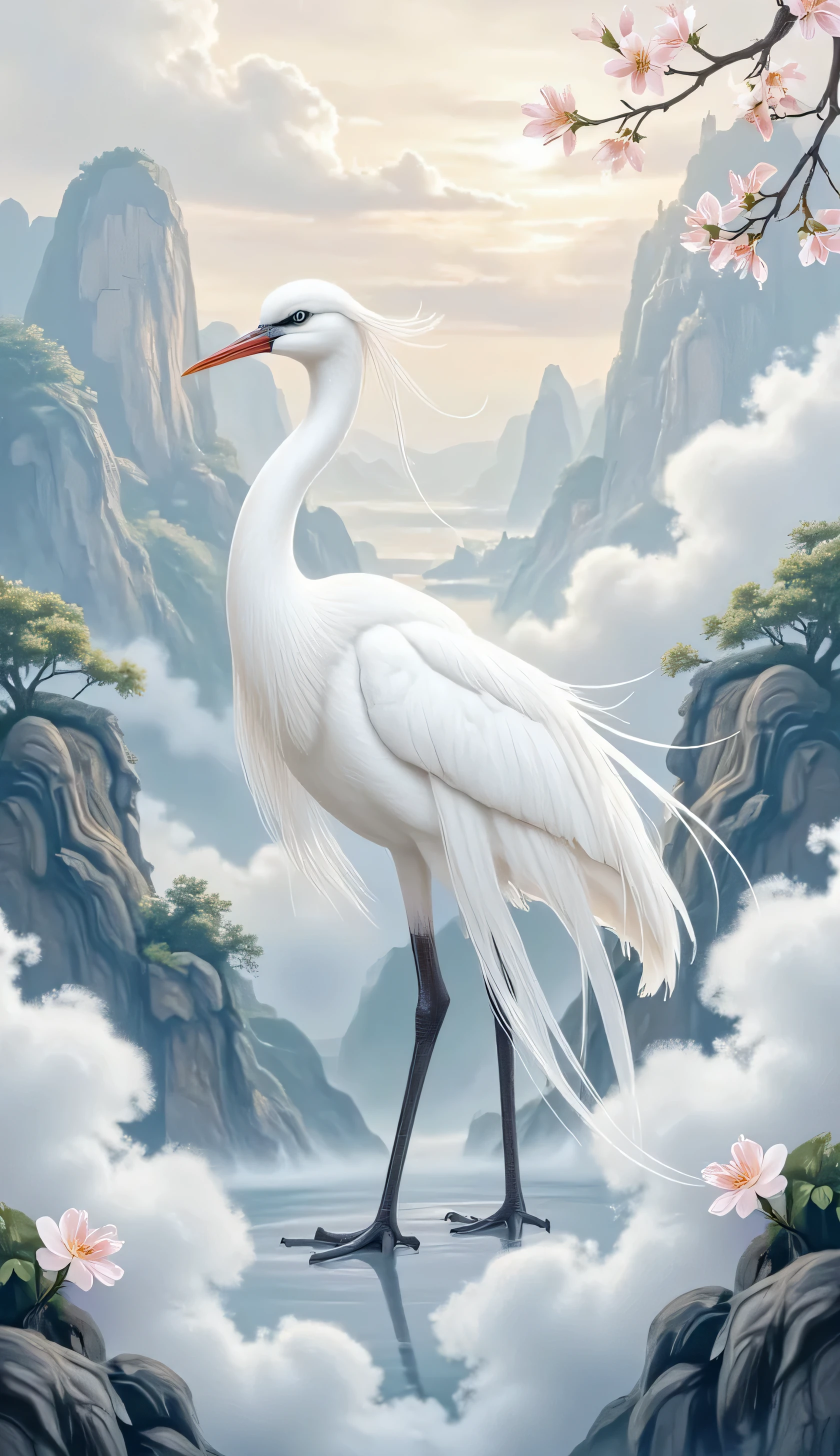 Design a card with a white crane as the main animal and design it in the style of a Chinese element card. with sword fantasy