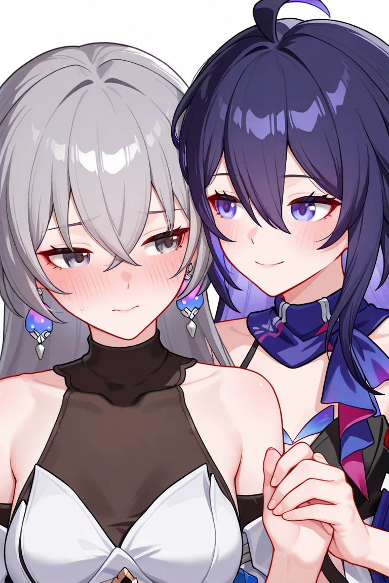 two girls,two tone hair,blend skin.,accurate,detailed eyes,delicate face,smile