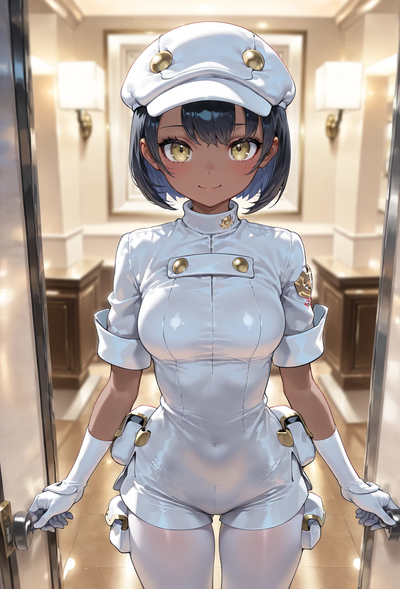 (masterpiece, best quality:1.2), extremely detailed, soft ambient lighting, sharp focus, 4K, BREAK aether foundation employee, short black hair, white hat, white clothes, pouch, thigh boots, white gloves, white pantyhose, dark skin, expresionless