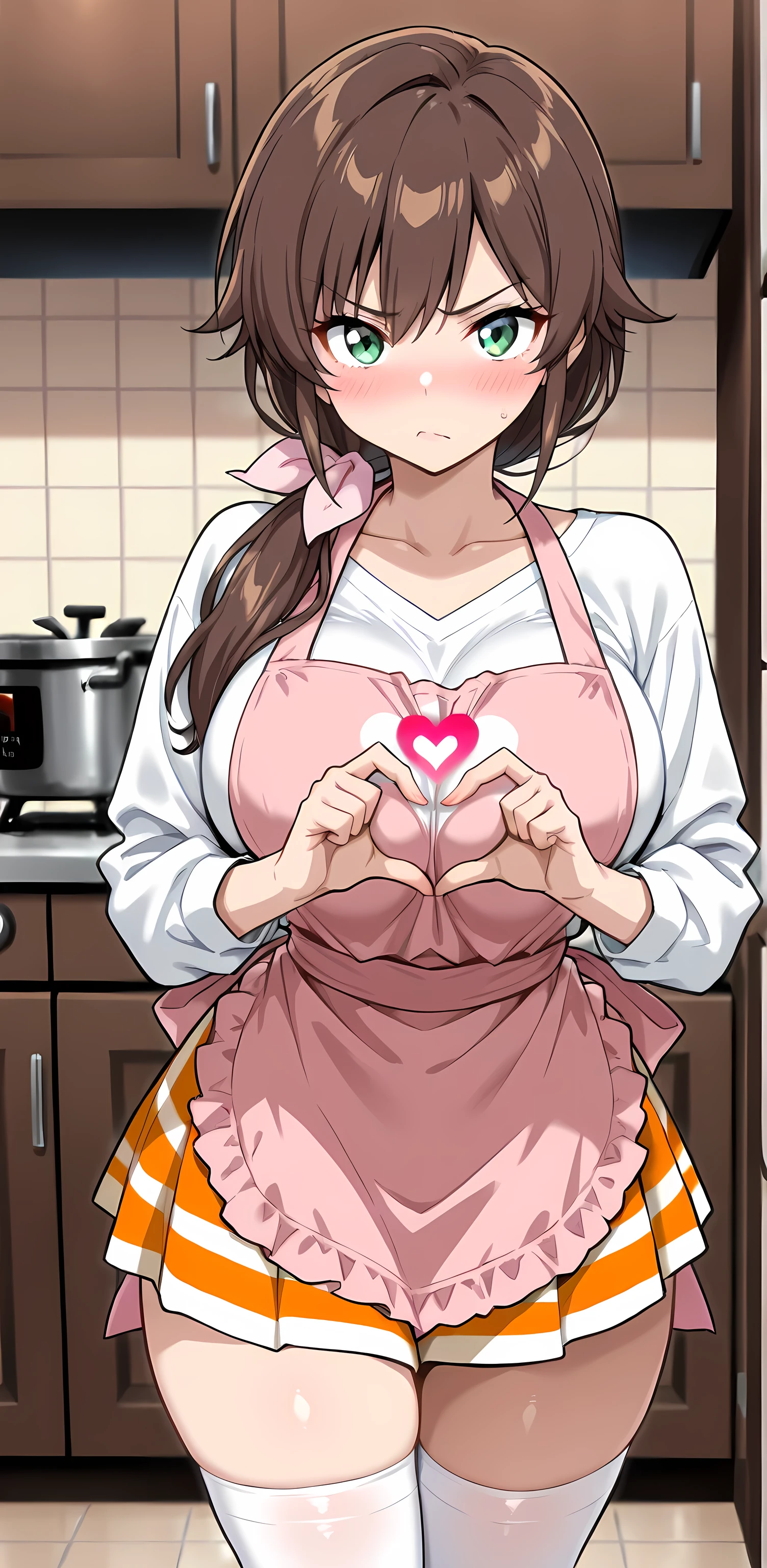 masterpiece,high resolution,Highest Quality,8k,((best quality)), (masterpiece)), (details: 1.4), high resolution, (masterpiece: 1.4), 超details, 1 beautiful girl,green eyes,brown hair,low ponytail,white long sleeve shirt,pink apron to make a heart with your hands,white heart mark in the center of the chest,orange and white striped skirt,white knee-high socks,pink ribbon,Big Breasts,Thighs、fleshy is good,tsundere,kitchen