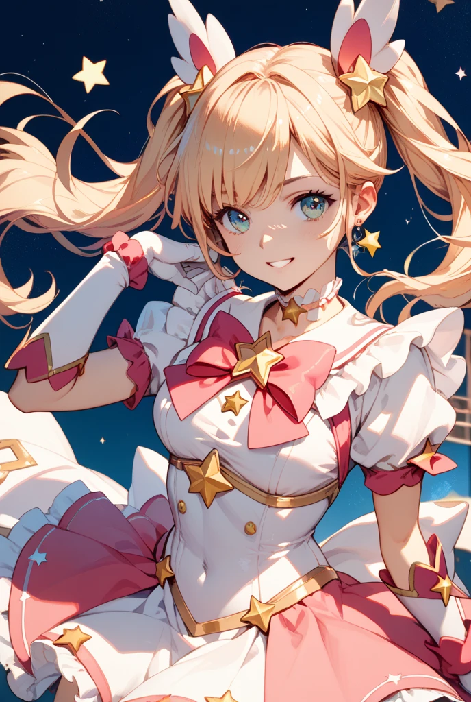 Blonde, happiness/joy, Heart-shaped eyes, Star Hair Accessories, Sparkle Effect, anime, chest, Twin tails, Earrings, Headband, Highest quality,
