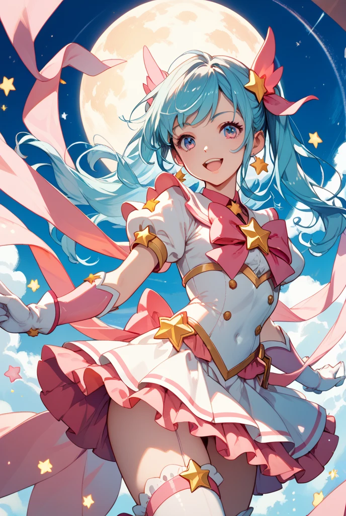 high resolution,A costume that is an adaptation of a school swimsuit,amphibious,Magical girl,Blue Hair,skirt,City,Magic stick,Small breasts.