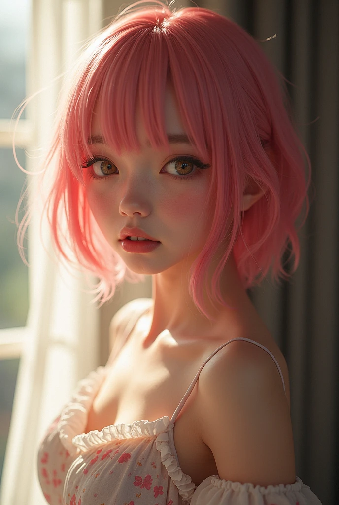 1girl, star eye, blush, perfect illumination, pink hair, red eyes, unreal engine, sidelighting, detailed face, bangs, bright skin, simple background, dark background, perfect breasts,