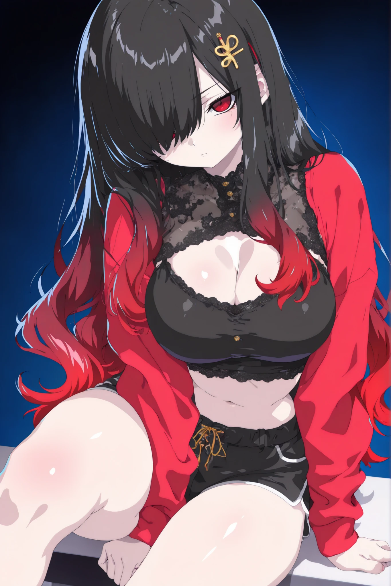 1 girl, Kuroki Monika, red eyes, gradient hair, black hair, red hair, long hair, asymmetrical hairline, hair over right eye, ((large breasts)), (petite but curvy), very cute, lovely, yellow hairpin, red jacket, black crop top, black shorts, cute, serious face, Sitting in front of a Japanese kiosk, background kombini, sitting, arms between her legs, slightly bent forward, solo, beautiful eyes, vivid colors, charming, masterpiece, best quality, very aesthetic, high resolution, absurd, Shining Style Art, masterpiece, best quality, very aesthetic, highres, absurdres,748cmstyle