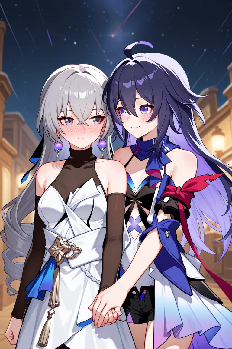 Guy, beautiful facial features, smile, squinted siren dark blue eyes without glare, silver and dark purple long hair with straight bang, fantasy black fit suit with blue and purple elements, long black gloves, model, gorgeous, elegant, lots of silver jewelry, flowers in his hair