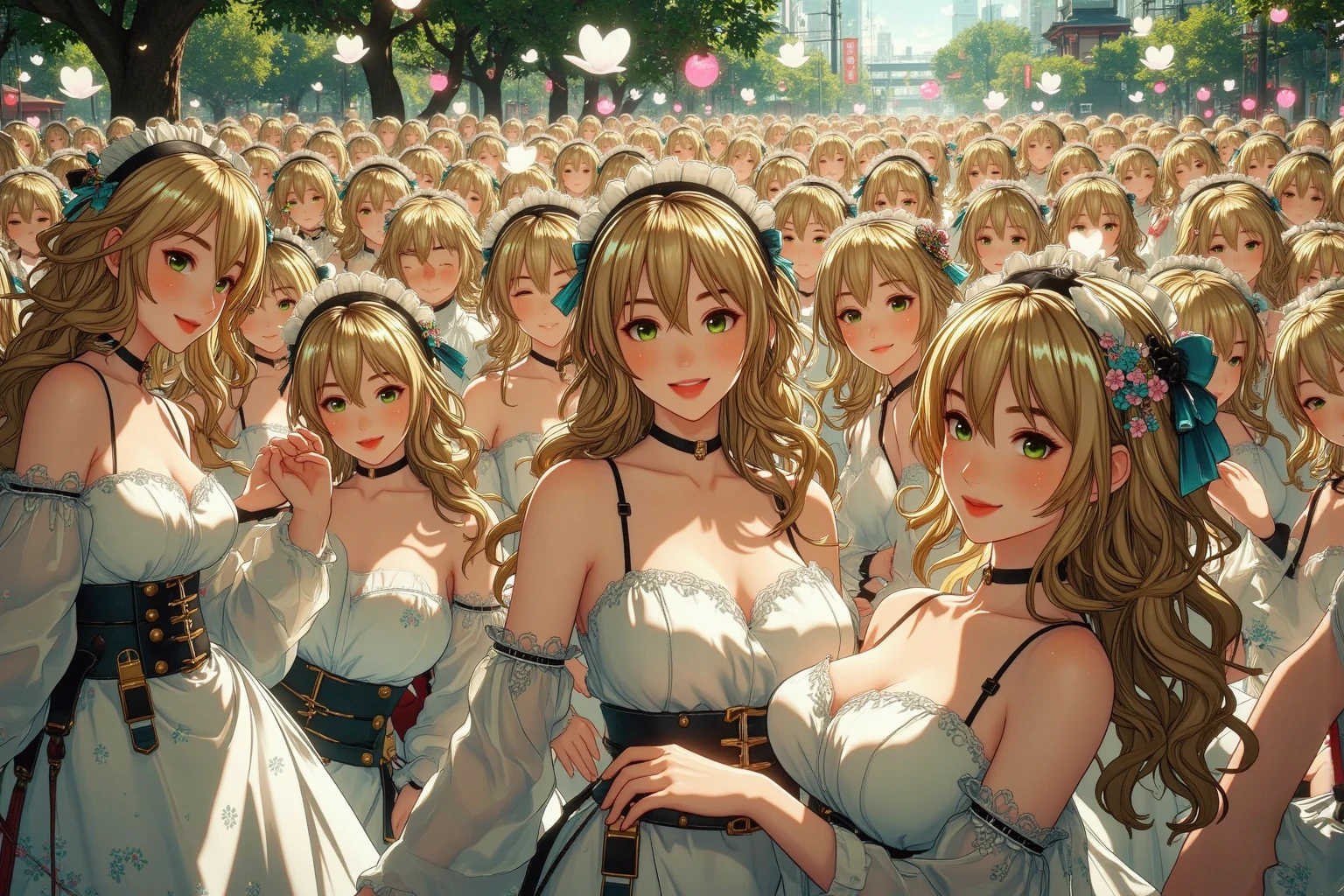 (masterpiece:1.2), (highest quality:1.2),, Curvy but slender body, Perfect Eyes, Perfect Face, Perfect lighting, 2 girls, ,At a party,(Standing position),(Off-the-shoulder Japanese dresses),(whole bodyのショット),(short hair),(Cute Smile),Curly Hair, Nipples become erect, Detailed outdoor background, Compensate, eye shadow, Thick eyelashes, Fantasy, Watching the audience, whole body、blue sky、Bright and beautiful face、Young shiny glossy white glossy skin、The ultimate beauty、The most beautiful light blonde hair in the world、Thin Hair、short hair、Shiny beautiful bangs、Big, bright blue eyes、Very beautiful and lovely 18 year old, The most beautiful girl in the world、Medium chest,ponytail,Distant position