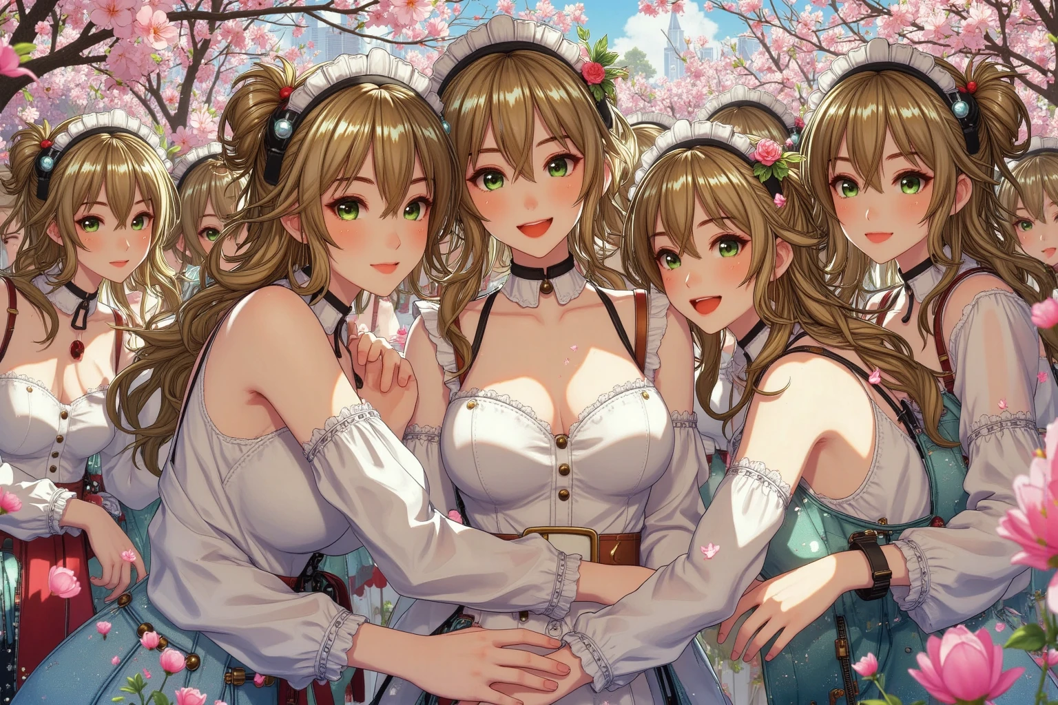 Masterpiece, super high quality anime style illustration, 8K, early Meiji period in Japan. Outside, in front of an old fashioned cafe, ((very beautiful 20 year old maids)), ((2 beautiful girls smiling)). Colorful eyes, pink lips, perfect makeup, flashy colorful outfits, maid cafe outfits in Akihabara, average breasts, a glimpse of cleavage, attractive proportions, smallish buttocks.