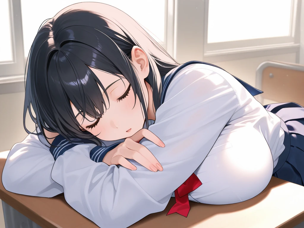 score_9,score_8_up,score_7_up,masterpiece,best quality, source_anime, realistic, super detailed, extreme detailed, rating_safe,
1girl, sitting at a desk, (arms crossed on desk, head down on desk:1.2), (close-up face:1.2), cleavage,
BREAK 22yo, short hair, bob cut, (blunt bangs), black hair, (tareme, detailed cute brown eyes), curled eyelashes, (large breasts:0.9),
shiny hair, beautiful detailed eyes, beautiful face,
white collared shirt,
blush, sleeping, (closed eyes:1.2), open mouth,
office room, night,
