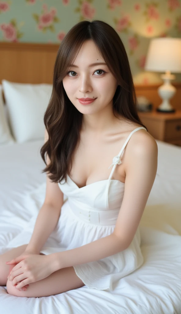 masterpiece, 1 woman per 1photo, full body shot, front view, a Japanese young pretty woman, hyper pretty face, 18 years old, shoulder length hair, sitting on a silk bed with a big smile, wearing only a sleeveless silky satin white chemise with white laces, busty, wet body, glossy lips, glamorous figure, silk pillow, silk bed sheets, double eyelids in both eyes, natural makeup, long eyelashes, shiny smooth light brown hair, asymmetrical bangs, fair skin, central image, 8K resolution, high detail, detailed hairstyle, detailed face, spectacular cinematic lighting, octane rendering, vibrant, hyper realistic, perfect limbs, perfect ???????