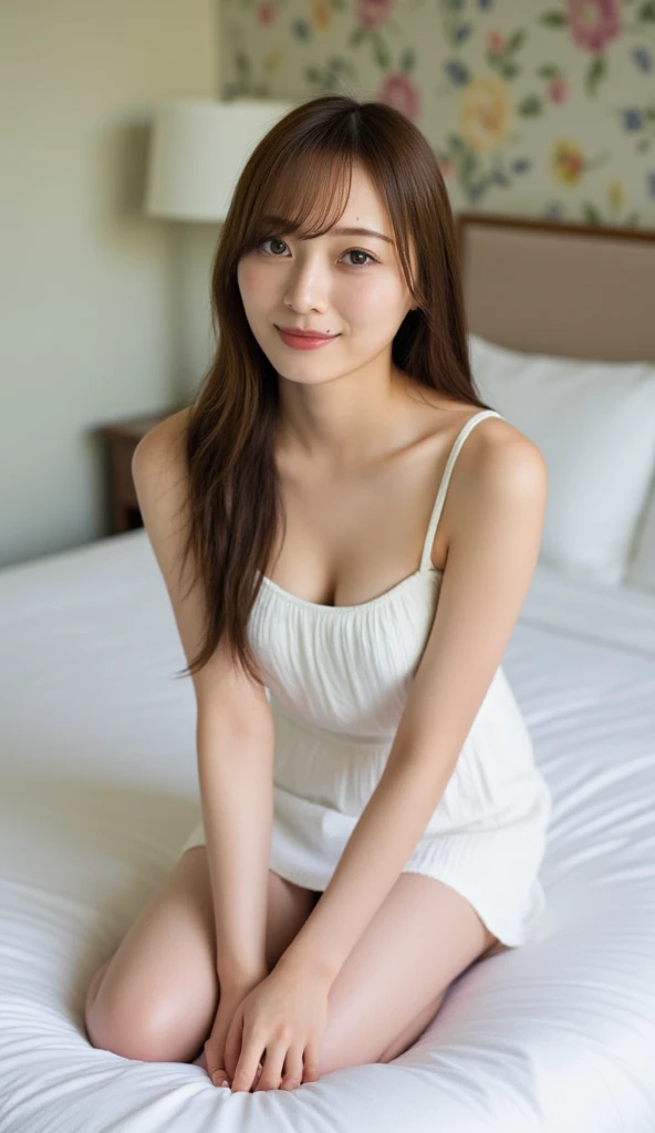 Best Quality, A high resolution, (Photorealistic:1.4), Raw photo, (upper thigh, From Side:0.7), (Bokeh:1.5), (sit on a bed), (in a suite:1.6),window,
1日本人の女の子, Cute, (Solo:1.6), (Shy smile), (Brown eyes), Smooth skin, (Brown medium hair,Bangs),(Small chest),delicacy, (touch hair:1.4),
(off-white transparent clothes:1), Spread legs wide open and stick out, big breast,