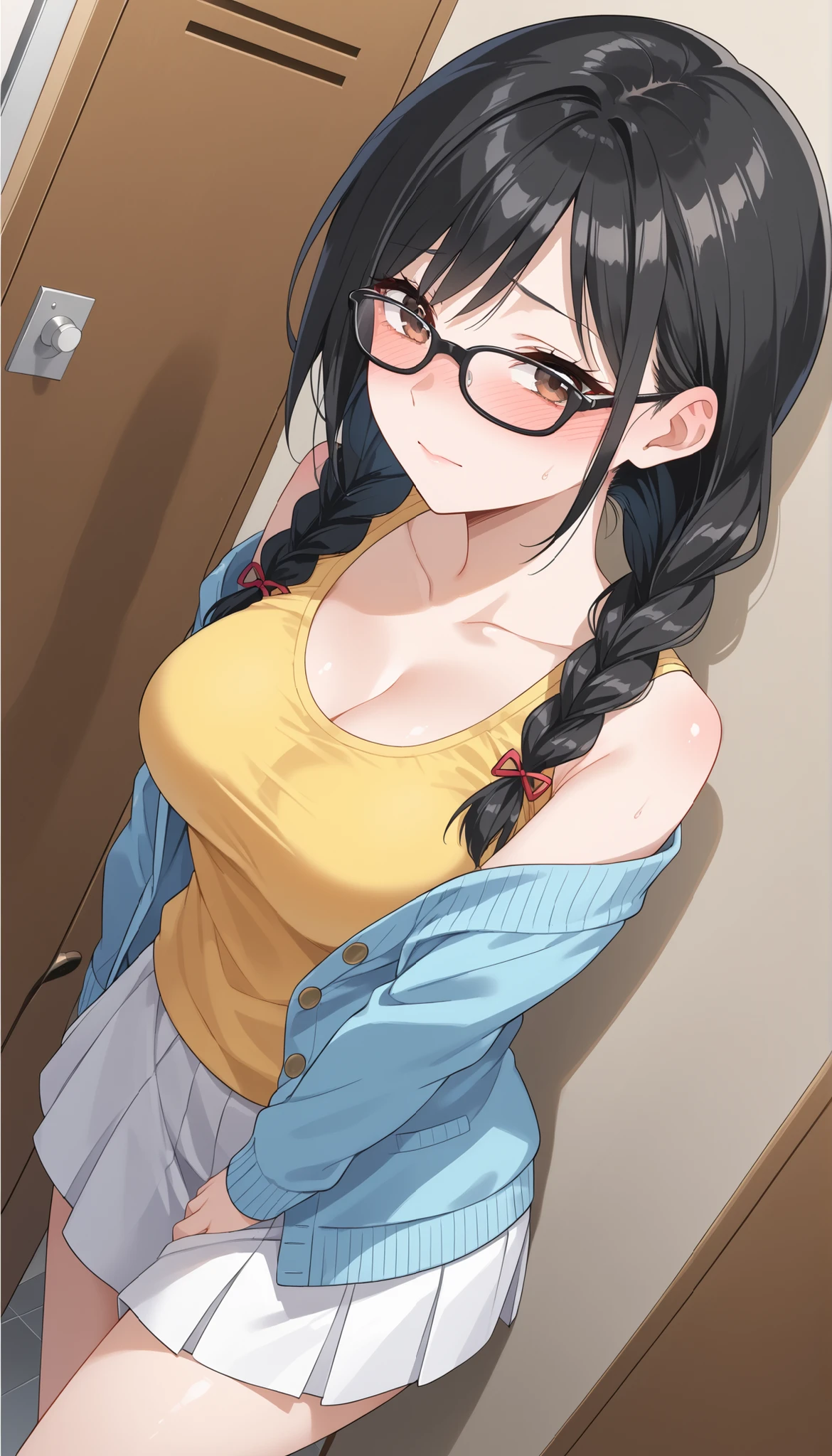 black hair,braids,black glasses,Yellow sleeveless shirt,light blue cardigan,white skirt,changing room against the wall,medium breasts,((angle from above)),chair in the left hand examination room,are ashamed,blush,Ulchan-6500-v1.1, ( RAW photos :1.2), beautiful detailed, very detailedな目、beautiful eyes on my stomach,beautiful eyes,Brown Eyes , Large File Size, high resolution, very detailed, Highest Quality, [masterpiece:1.6], Awareness-raising, very detailed, CG, finely, Highest Quality, 8K wallpaper, perfect body shape、very detailed,smiles,Close-up,Slim and beautiful thighs