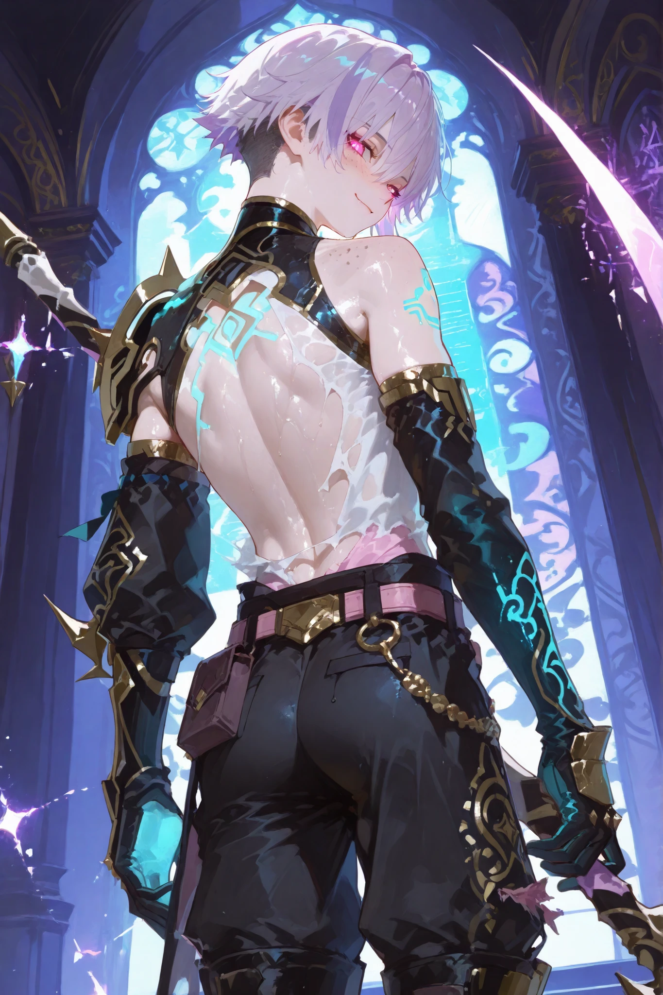 tall skinny tanned mixed-race Black boy with freckles, glossy wet glowing skin, short spiky light purple and salmon pink hair, black trimmed undercut taper sides and back, pure lime neon eyes, wearing a baggy lavender GI combat big shirt with black sleeves and magical holographic glowing armor, gold trims, black baggy cargo combat pants with gold accents and armor, torn lavender-white socks with gold trims, fantasy holographic torn combat boots, happy confident manly face, holding a mythical blue and black pixelated double-edged scythe, vibrant luxury fantasy room background, holographic lights, anime-style, bright, detailed, magical combat atmosphere, shiny skin, powerful alternative fashion style, front body pose, with an evil smirk