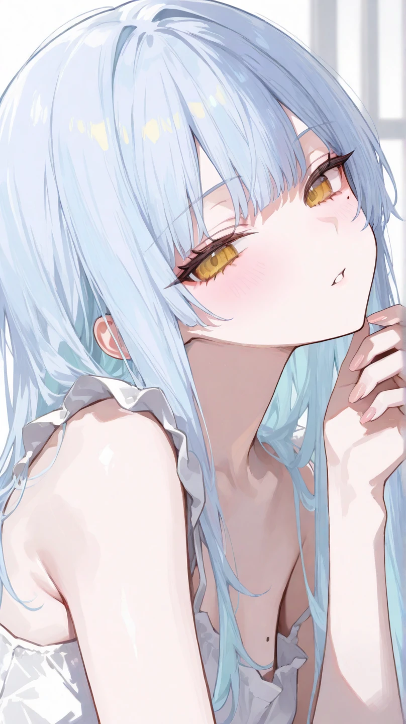 (Highest quality), (High resolution), (masterpiece), (Very detailed), Shiro \(no game No life\),Long Hair,Multicolored Hair,Hair between the eyes,Gradient Hair,Flat Chest,, Blue Archive Art Style, One Girl, Silky skin, Shiny skin, blush, desire, Heart pupil, Heavy breathing,(Micro Bikini), Front view, Love juice drips, Swimwear is see-through, Push down, In bed at night, Dark Room, Very close