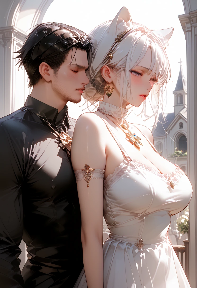 (1milf and 1little boy:1.3),(lewd expressions:1.3),{open leg:1.2},((nsfw:1.2)),((1little boy Touching woman's buttocks:1.3)),((Panty shot:1.2)),(White hair,red eyes) ,gold shirt:1.1, (latex clothes:1.1),(in church),(((milf:1.3))),(embarrassed:1.3,blush:1.3),(orgasm:1.3),(ecstasy:1.3),(trembling:1.3),(tears:1.1) ,(lace panty:1.1),(huge breasts:1.2),(breasts spilling out of white bra:1.1),((steam:1.2)),Masterpiece, Top Quality, Highly Detailed, Dynamic Angle, ((Perfect Hands)), Detailed Glossy Skin, Slender hair, fine eyes), amazing backgrounds, meaningful backgrounds, absurd backgrounds, artistic overlays, and colorful hair. The style is surrealism, cinematic lighting, ray tracing,divine light, perspective,(looking away:1.1),(gold decoration),(white and red costume),(long sleeve costume),((long skirt)),(((tight shirt:1.1))),(littleboy clinging to woman),