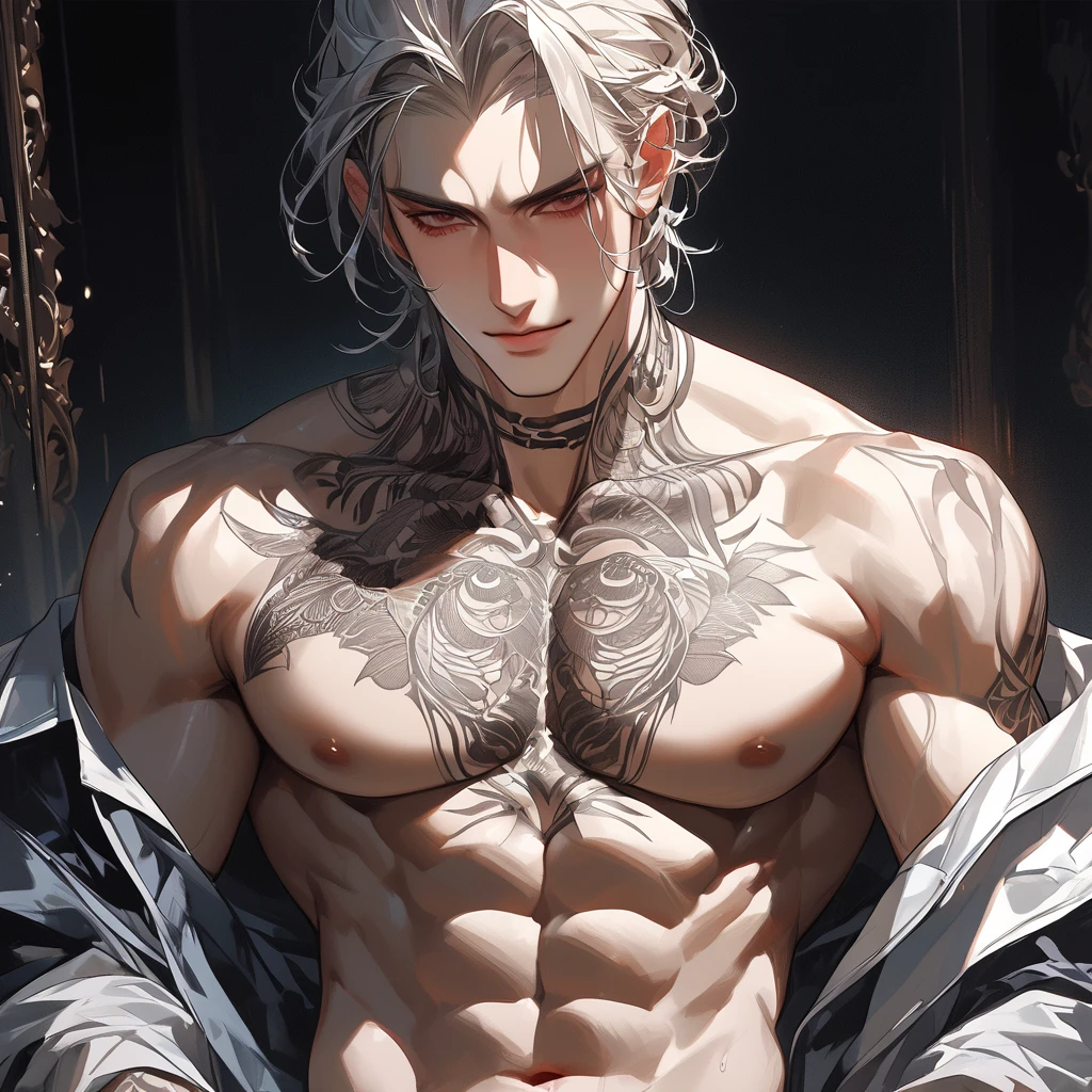 male, long silver tousled hair, White fur cape, yellow eyes, adult face, adult, armored bare chest, fantasy, elite fighter, lick your fingers
