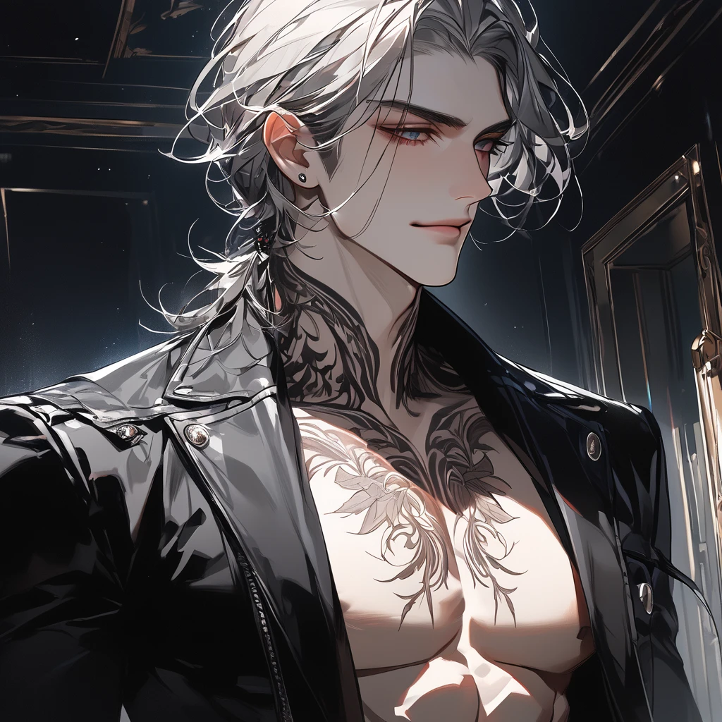 (absurdres, highres, ultra detailed), 1man, 30 years old man, adult man, handsome, tall,, finely detailed eyes and detailed face, black leather pants, no shirt, open chest, night, smile, dutch angle, ((very long hair, white hair)), (((wolf ears))), wolf white tail, moon, forest, black horns in his head, silver details, earrings, black chocker, gothic, dark, black simple dress, looking at the view, pale skin, yellow detailed eyes, eyeliner, dog collar, (((open chest))), leather jacket, (masculine), sexy, open mouth