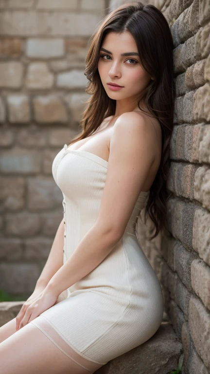 Chica joven, piel blanca, hermosa, cabello largo, peinado coleta de caballo, delgada, rostro de rasgos finos, vestido rojo