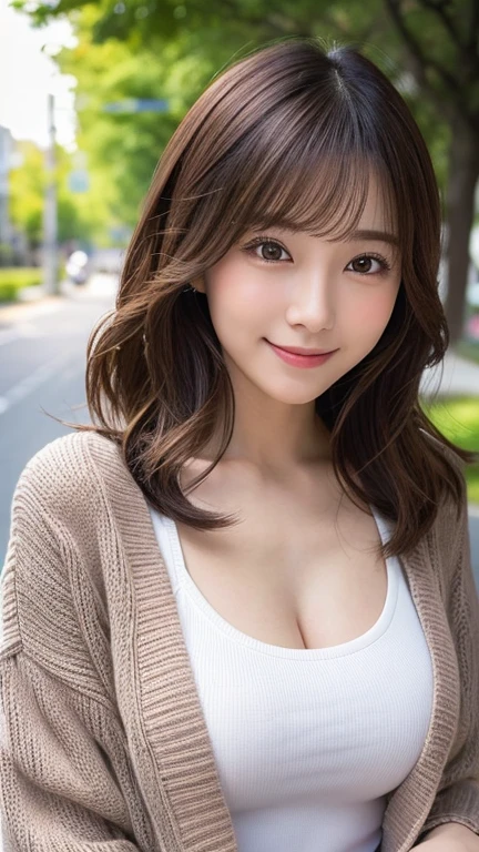 Highest quality ,masterpiece,Ultra-high resolution, very beautidebtul, cute, (Photo Real:1.4), One girl, Japanese, Knee, Long Hair, Brown Hair, View your viewers, Cleavage, smile, Wear a cardigan, Outdoor, Cinematic, 35mm lens, debt/ 1. 8, Accent lighting, 8K,