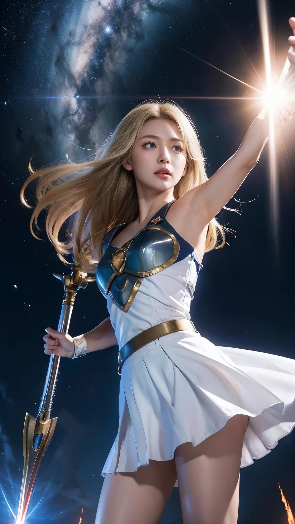 White combat uniform、miniskirt、God Dess of War 、staff、high resolution、Unknown Power、thunder、wind、Inflammation、logic、Planetary alignment、starry sky、Blue Light、laser beam、God's Weapons 、Diffuse reflection of light、 Cyber Valkyrie