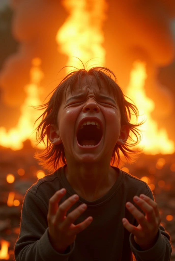 Une image effrayante dans lequel un enfants sont dans le feu de l'enfer toute en pleurant et le feu embraser et remplir totalement sa tête
