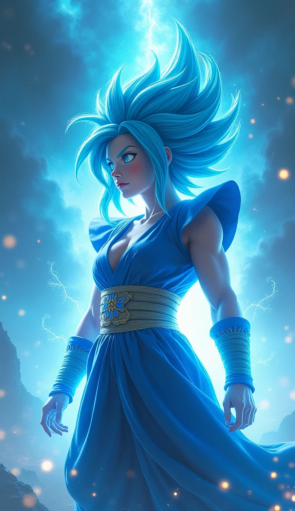 full body photo, Super Saiyan 2, Vegeta/Goku/Gohan cosplay woman, giant breasts, very tight clothes on the body, Blue hair, blue eyes, body covered in blue aura with strong emanation, in fighting position, precise movement, fists upwards, hand clenched, night sky raining heavily with thunderclouds and heavy thunder, vivid colorsm Dragon Ball, Ultra Instinct, ultra detailed, forehead jewel, angry, flustered, determined, Anime, Masterpiece, best quality, 16k, UHD