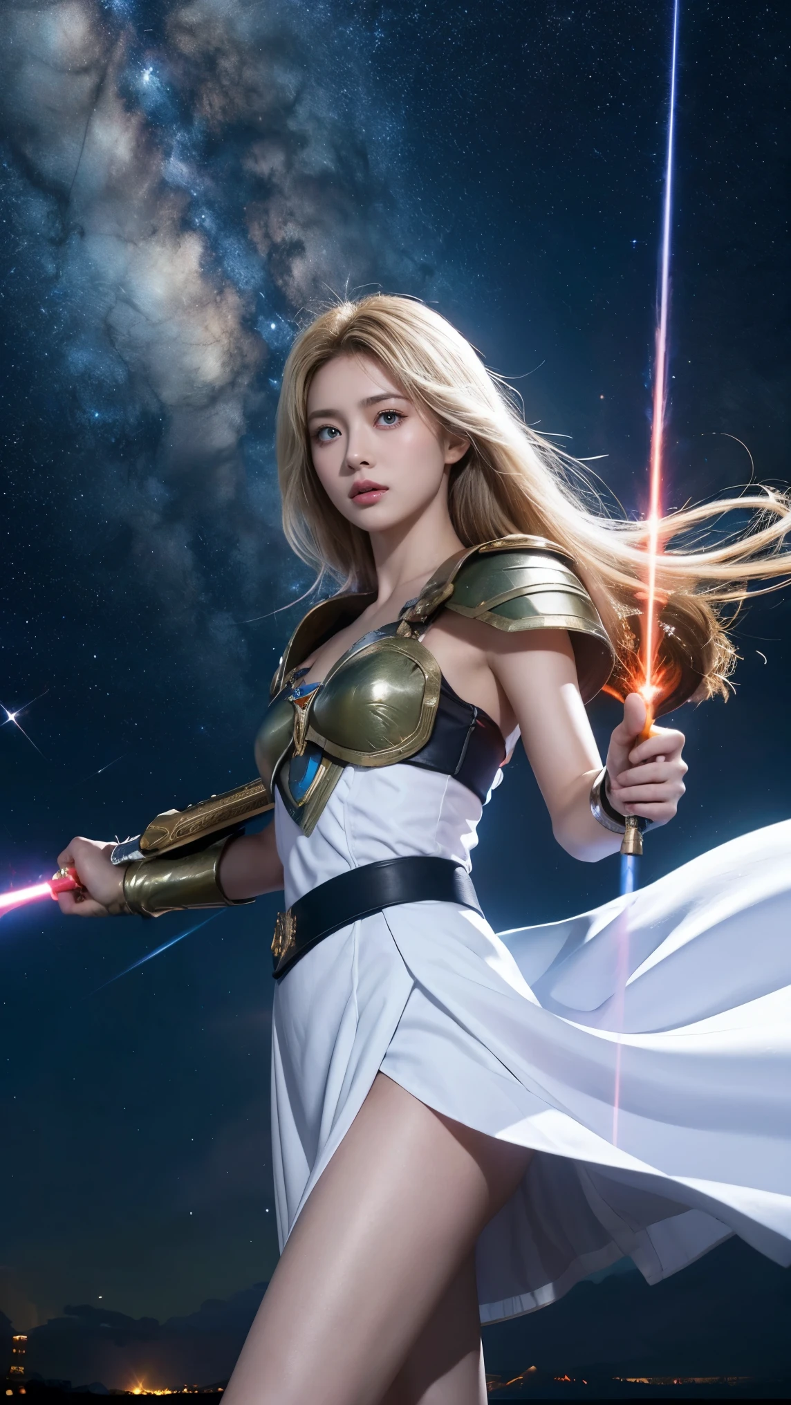White combat uniform、miniskirt、God Dess of War 、staff、high resolution、Unknown Power、thunder、wind、Inflammation、logic、Planetary alignment、starry sky、Blue Light、laser beam、God's Weapons 、Diffuse reflection of light、 Cyber Valkyrie