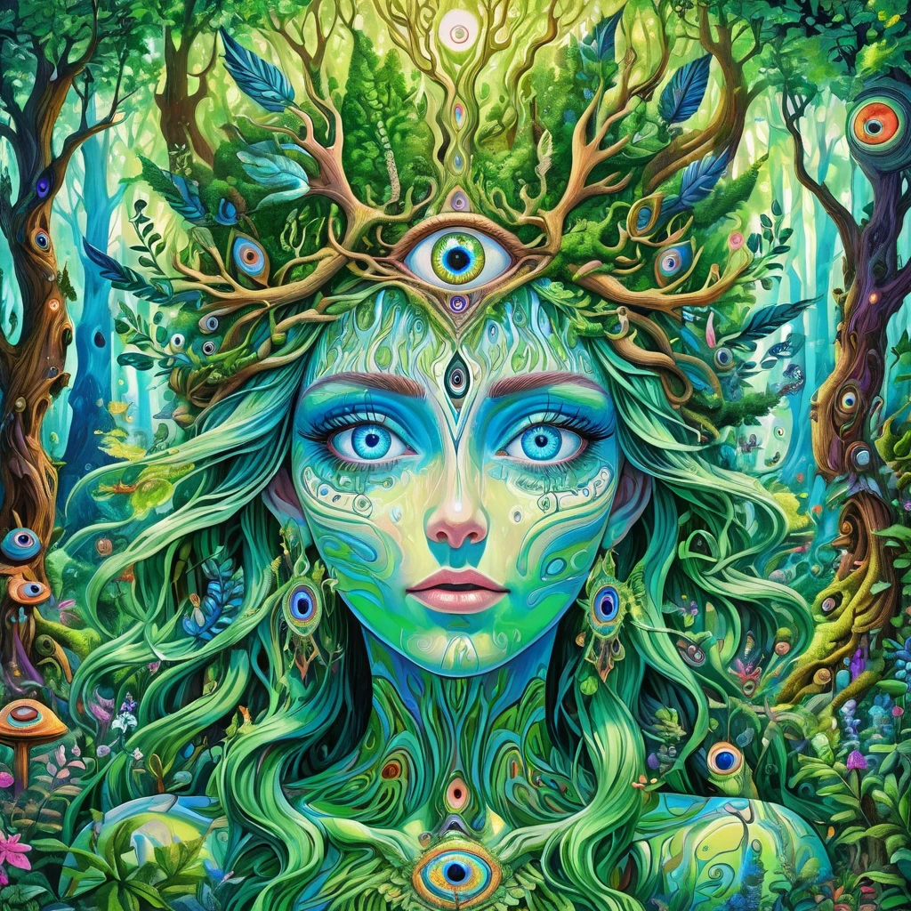 Desenhos para colorir, mulher detalhada, linha estilizada, silent decay coloring, Arte de linha intensa, uma mulher de olhos fechados, with butterfly wings on top of the head, com cocar com detalhes em espiral do lado direito, com folhas verdes do lado esquerdo, with tree branches around his face and in the type of headdress, The canopy of trees is shaped like clouds, tears flow from her eyes, Its base is composed of tree trunks with tips of green crystals, psychedelic organic shaman, psychedelic shaman, deusa. Detalhes extremamente altos, mystic illustration, shamanic poster lsd art, terceiro olho , 3rd eye, Deusa DMT, psychedelic illustration, psychedelic organic cyborg, dmt ego da morte, arte psytrance, elaborate ink illustration, psychedelic goddess, altamente detalhada, tinta extremamente fina lineart, art nouveau.