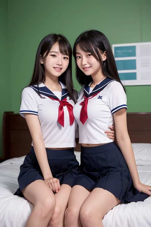 2 girls walking in wooden school classroom,white sailor shirt,wet white thong,18-year-old,bangs,a little smile,thighs,knees,short hair with low pigtails bunches,from below,front light