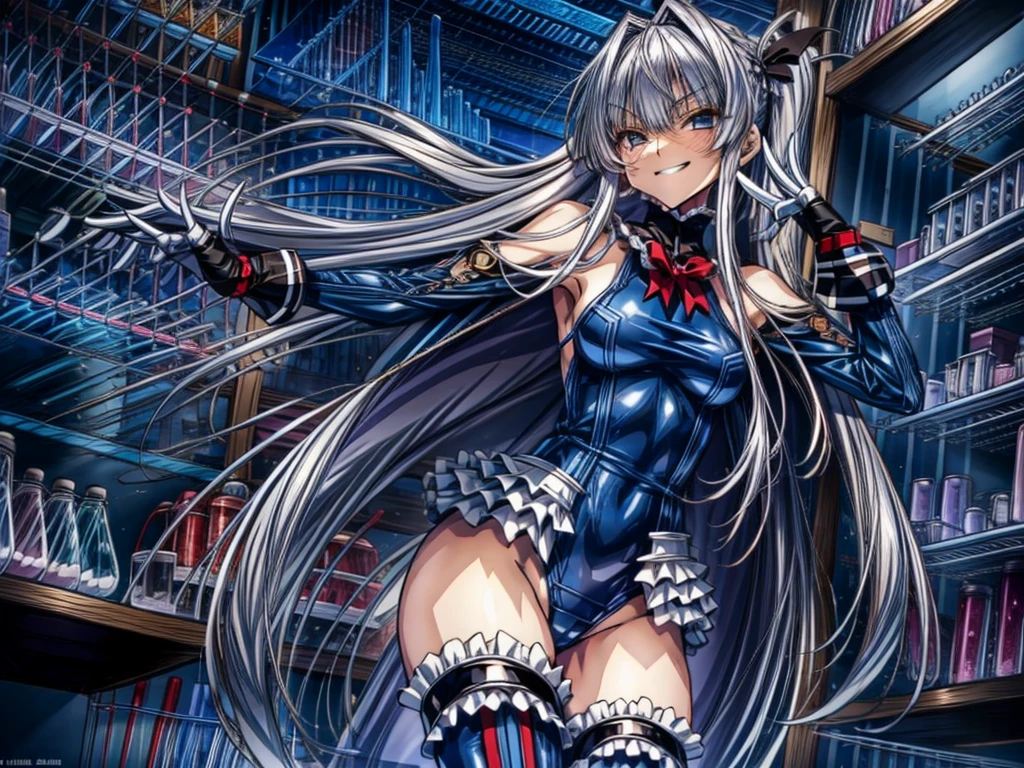 perfect anatomy, highest quality, marierose,evil smile,provocative attitude
,(Girls greet dawn on top of a pile of rubble:1.1),evil smile,anime style,(ruffle swimsuit, Thighhighs, removed sleeve), (anime style:1.4) ,
silver hair,(white fingers:1.1,black gloves),very long hair,evil aura,(from below),