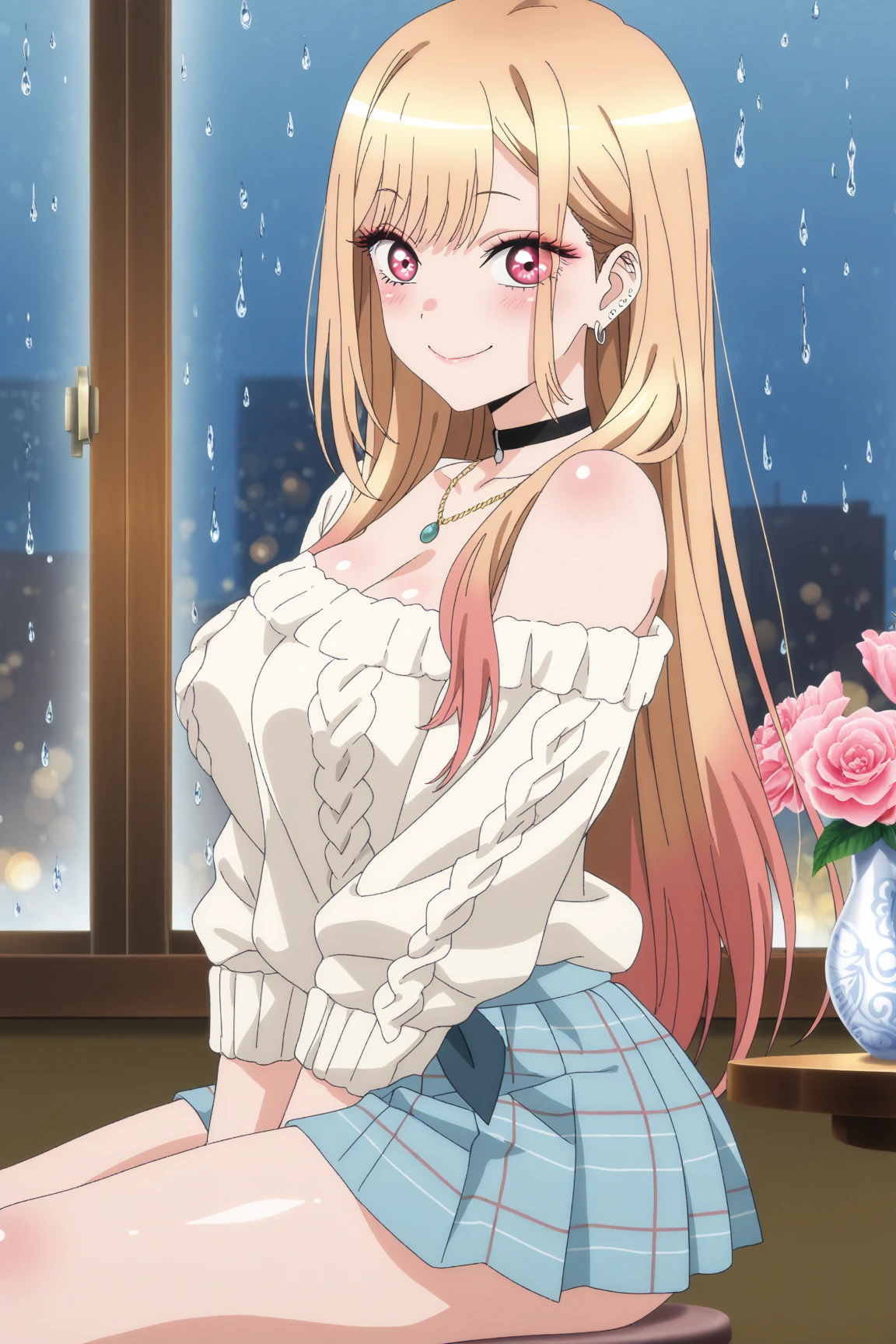 A cute girl in a tight blouse sits in a puddle of urine with a cheerful look