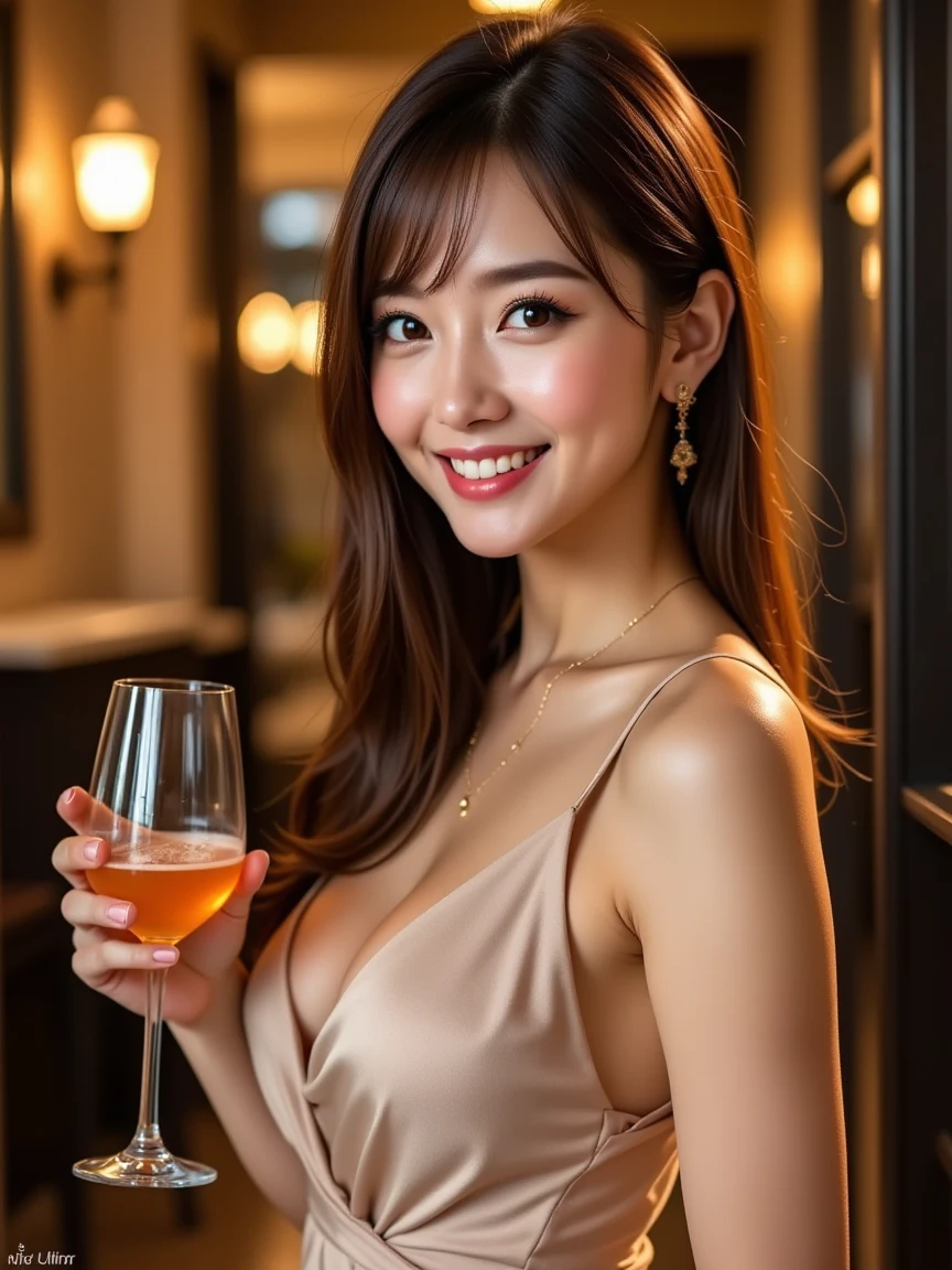 A 20-year-old woman with a very cute face like a 15-year-old idol Smiling Kindly (((Whole body))) (((Full body portrait))) (one piece) Medium Bust Cleavage A crowded and stylish wine bar at night Cinema lighting (Natural light) Artistic High level of artistry RAW Photos Genuine High quality that is indistinguishable from real life Real Stick High resolution
