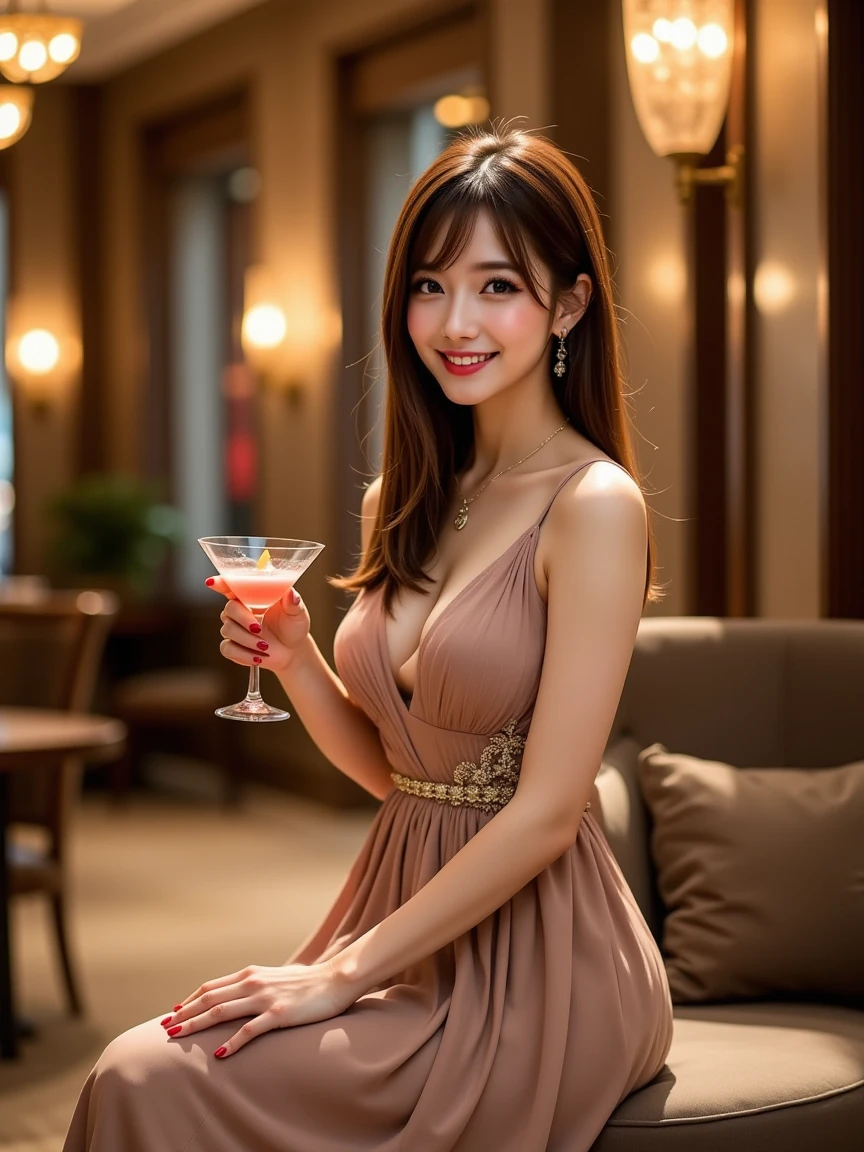 1 girl, 20 years old, long dark curly hair, beautiful face, beautiful eyes, masterpiece, sitting at the bar in a lounge, wearing a figure-hugging green dress, sitting on a high stool, she is leaning on the bar, smiling at the viewer, her right hand holding a cocktail glass filled with blue liquor, elegant lounge, warm lighting, perfect propotions, small breasts, cleavage visible, golden hoop earrings