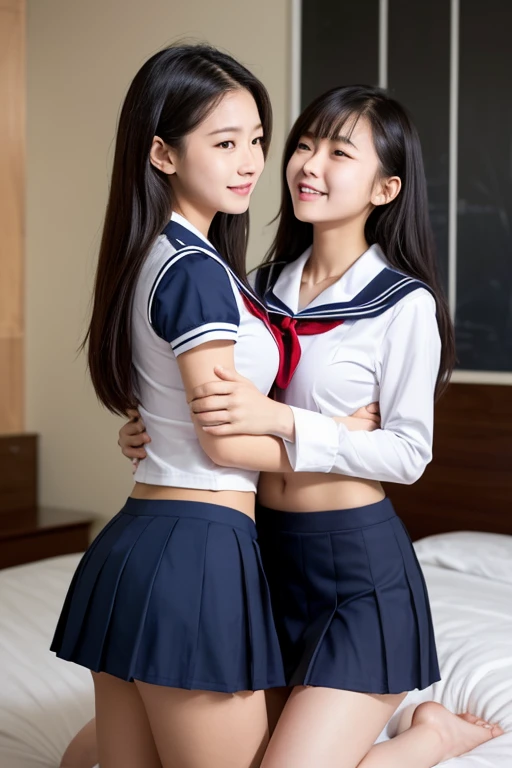 2 girls on desk in wooden school classroom,white shirt with bow tie,white thong,18-year-old,bangs,a little smile,hands on crotch,large bare thighs,knees,legs apart,short hair with low pigtails,from before,front light