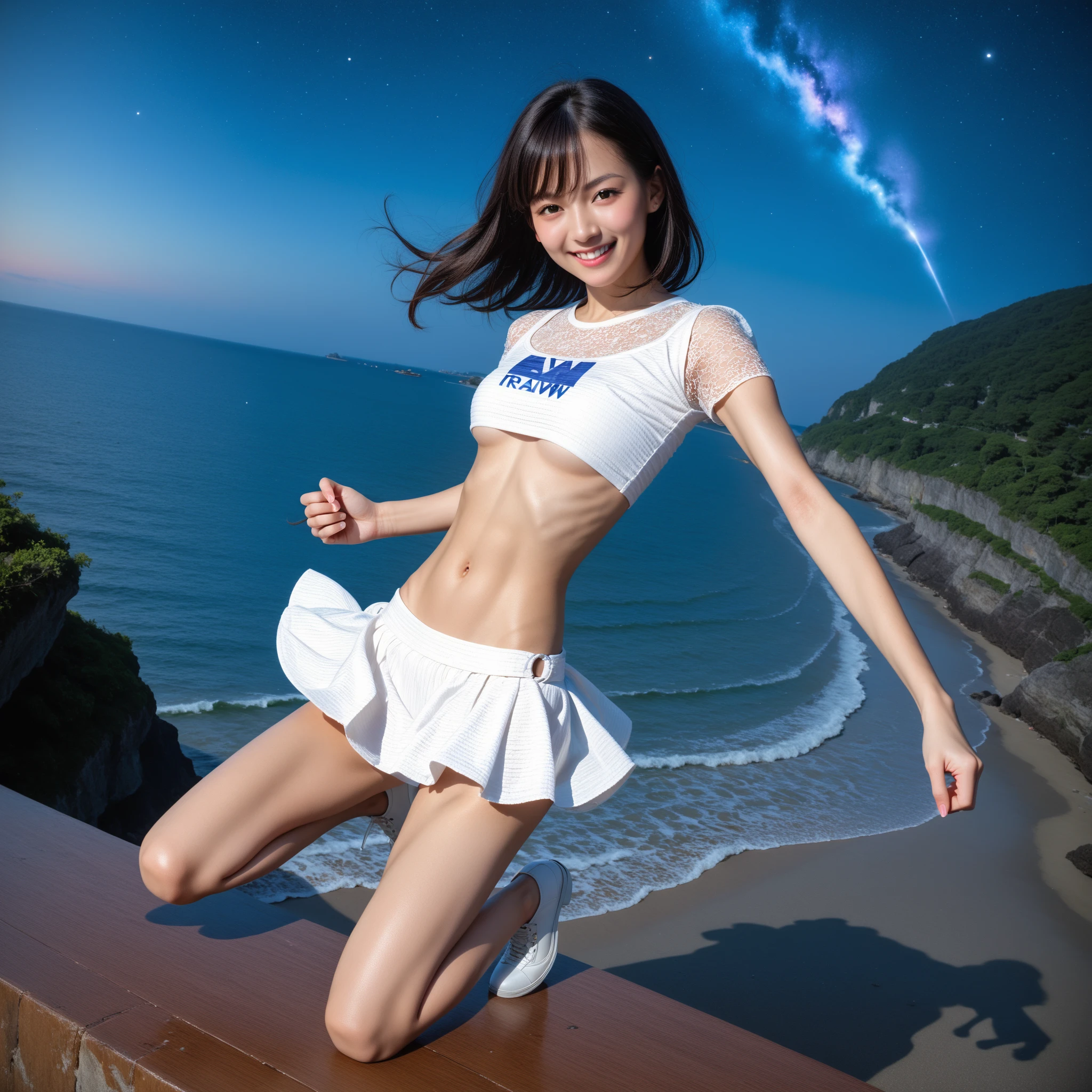 highest quality, masterpiece, Ultra-high resolution,8k, (Realistic:1.6), (Facing portraits) RAW Photos, 1 girl,(Full of smiles, Showing teeth)), 22 years old,((Belly button fashion)),((Miniskirt uniform with underpants)),((Straight black hair long hair)),((Wear a bandana on your head)),((Looking up at the audience)),Face Focus:1.4,((Fisheye lens shot from below:1.4)),((Contrail background in the blue sky)), Image Media Chest)),((Smiling with teeth showing)),