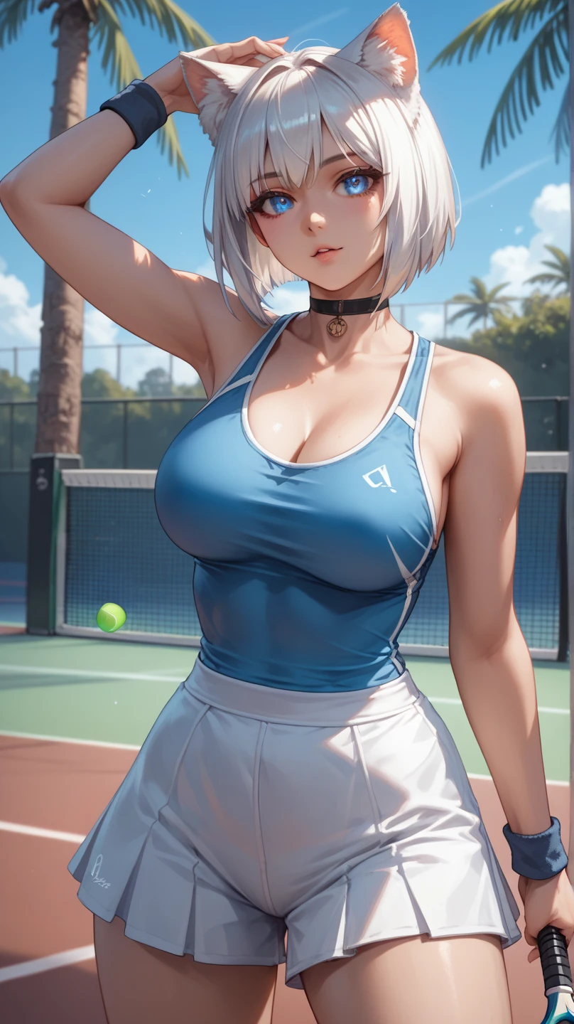 High school students　エロ　E-cup　white  hair　bob　Naked　Being on the tennis court　Beautuful Women　tall　Constriction　Giving a　Have sex　　Wearing tennis wear　Sweating　teats