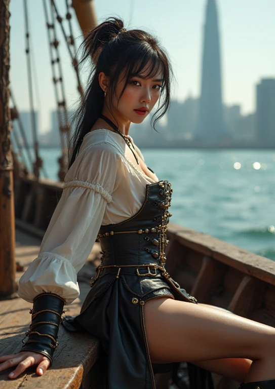 create a 25-year-old anime girl in pirate clothing with a miniskirt in a landscape of a dock and pirate ships holding a pirate sword