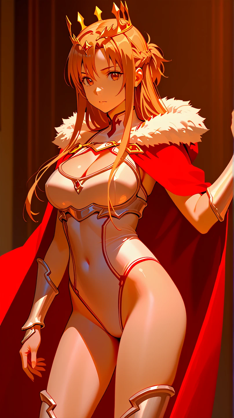 masterpiece, best quality, very aesthetic, absurdres, 1girl, mature_lady,pink_bodysuit,red_bodysuit,covered_nipple,,asuna_(sao), sword_art_online, brown_eyes, brown_hair, long_hair, very_long_hair, braid, french_braid,,in a castle,blur background,background defocus,