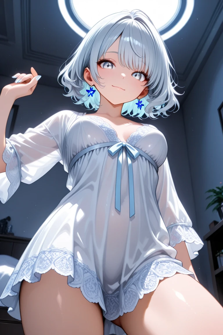 ((((bed Showing nipples woman器を見せる Completely naked)))) (((Gray Hair short hair blue eyes woman Spread your legs Splash))),((sunlight)),(smile), Showing teeth Shining Background Shining Edges