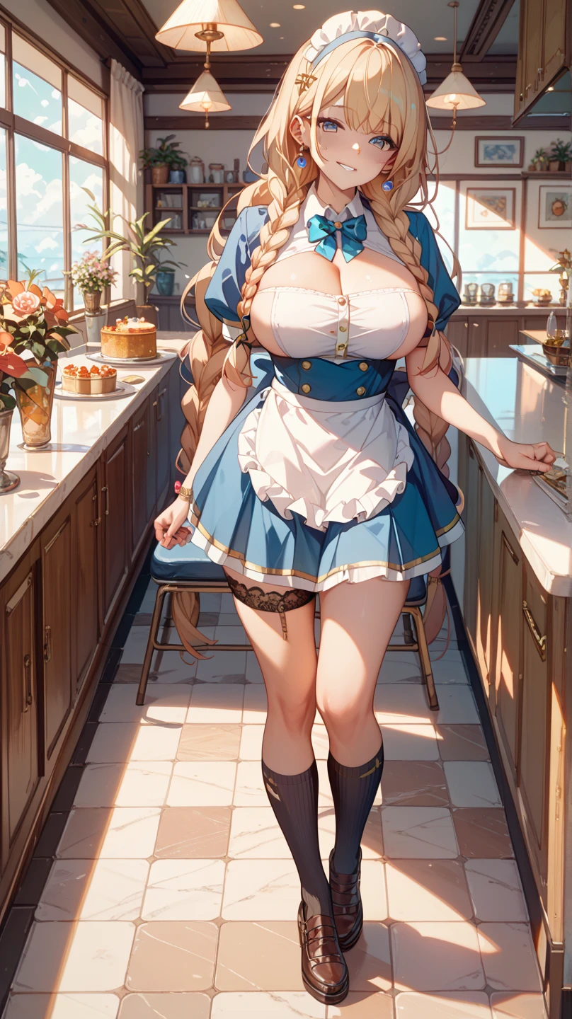 Best quality, masterpiece, ultra high res, raw photo, beautiful and aesthetic,deep shadow, dark theme,(ultra detailed:1.3),
1girl, dynamic pose, Headdress, (beautiful face, detailed eye:1.2), embarrassed, (busty breasts, gigantic breasts:1.1), drill hair, long hair, blonde hair, gradient hair, yellow eyes, solo, big hair, blue hair, divine goddess, looking at viewer, indoors, modern bedroom, astraea, full body, cow print, bikini, bra, bare arms, neck ribbon, waist apron, thongs, bare legs, black high heels,