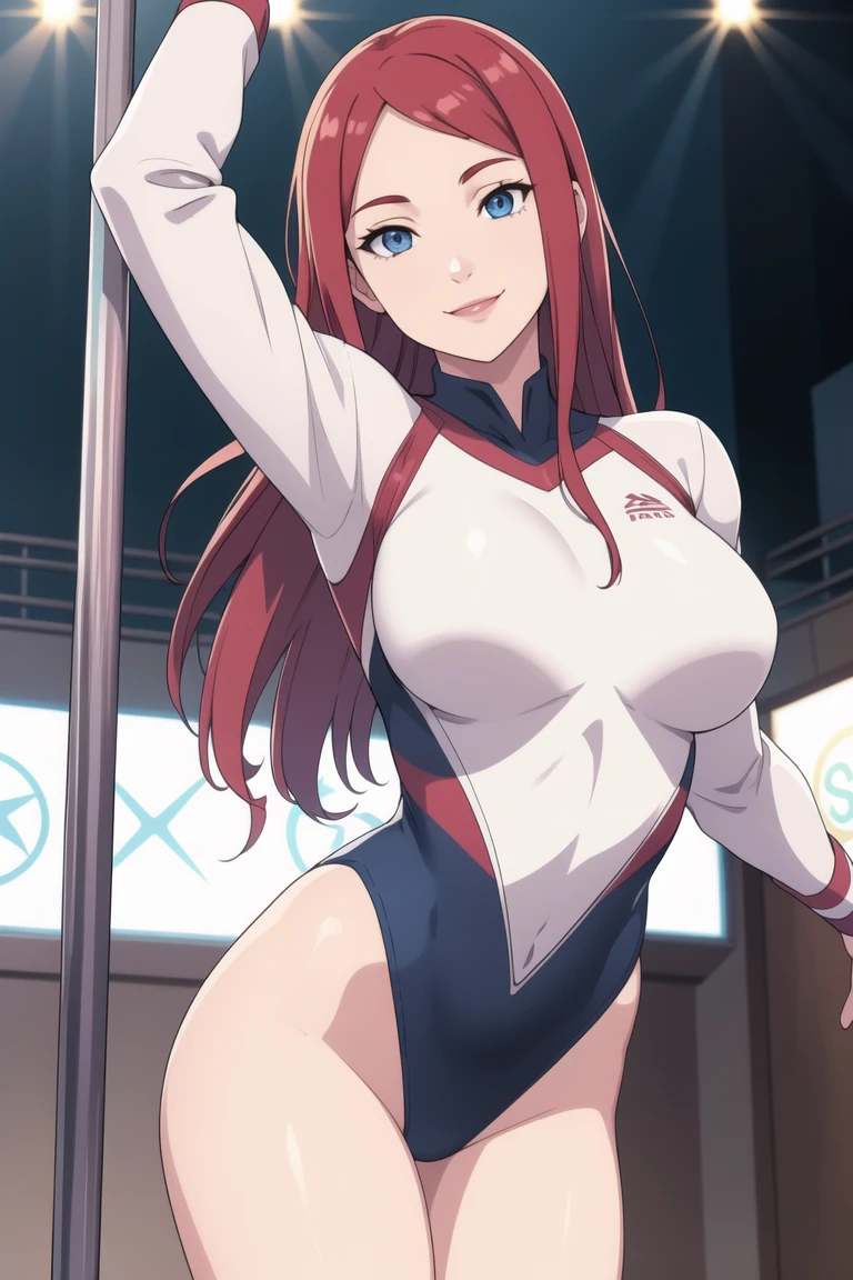 An anime-style artwork depicting acheron from the game Honkai star rail.

Tags: acheronhsr, anime, detailed eyes, detailed lips, (micro bikini : 1.4), smiling expression, intense gaze, glowing emblem on hand, dynamic pose,  indoor, nightclub, pole_dancing, standing on podium with a dance pole, stripper, pole dancer, vibrant colors, digital art, high-resolution, professional quality, gigantic breasts, curvy, cowboy shot, (gigantic breasts: 1.4), (blue eyes: 1.4), (red hair: 1.6), short hair, curvy ass, (big butt : 1.4), (bubble butt : 1.4), from behind, back view