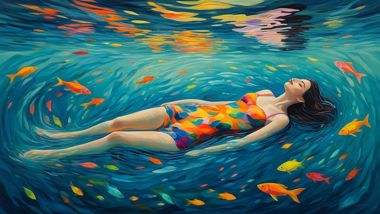 woman in a colorful swimsuit laying on the water with fish, wearing two - piece swimsuit, psychedelic swimsuit, see fishes swimming, fishes swimming, in retro swimsuit, is wearing a swimsuit, monokini, swimsuit, inspired by Naomi Okubo, swim suite, fish swimming, under water swimming, fishes, in the sea, underwater photography, swimming, in the ocean --auto --s2