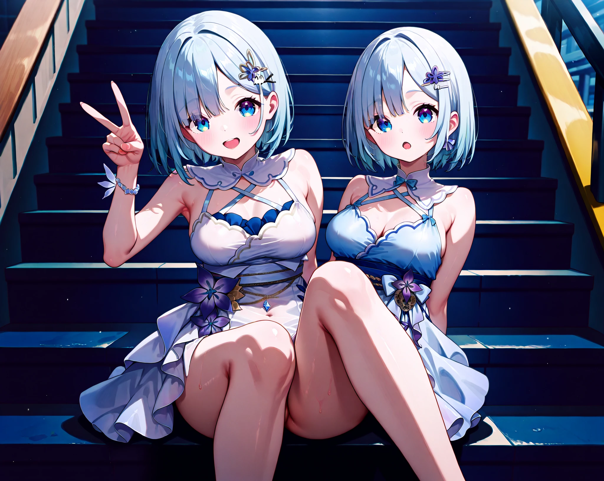 beautiful, masterpiece, Highest quality, anime, One girl, C Cup,Portrait Shot, View your viewers, Covered、Short Hair、nearby、Blue Eyes、art、、White hair,Blue streaked hair、wallpaper、hairpin、Cute smile、Thighs、、Cute、Frilled school swimsuit
