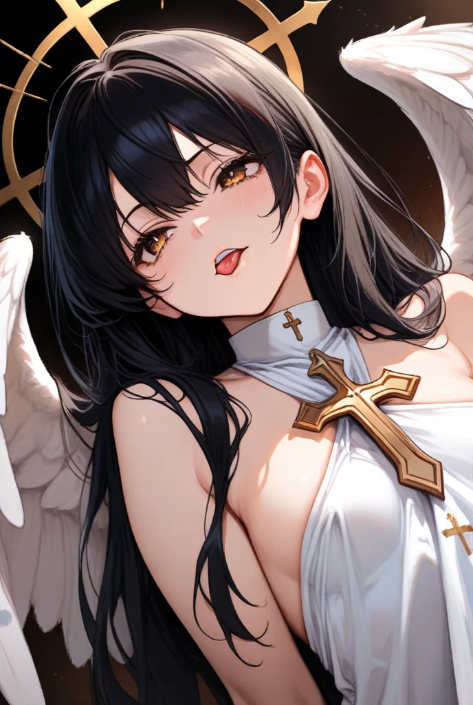 1 mature woman,(Detailed Description,Incredibly absurd,High resolution,8k wallpaper,masterpiece,Highest quality,Depth of region,Anatomically accurate depiction,Perfect body,Two lovely hands, Five perfect fingers),(Glowing Skin,Shiny skin,Oilskin),((White-winged fallen angel)),(Angel Halo,Female monk's clothing,A luxurious necklace,garter belt,Fishnet tights),eyelash,(Purple eyes,There is cleavage in the chest,A seductive smile,lipstick),Sweat,(whole body),background:A magnificent church,Purple air,(From above:1.1)